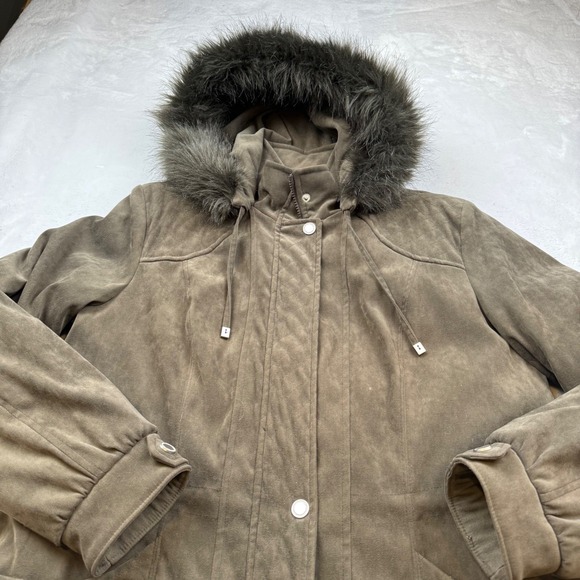 Croft & Barrow Women's Faux Fur Hooded Parka Jacket Olive Green Size L - Picture 2 of 9